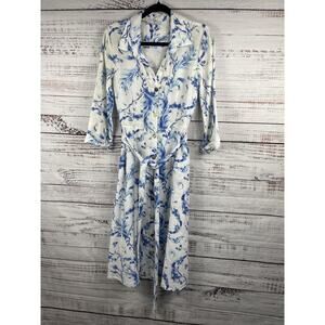 Emilia Burano Shirt Dress Womens Small White Blue Floral Linen Belted Midi Italy